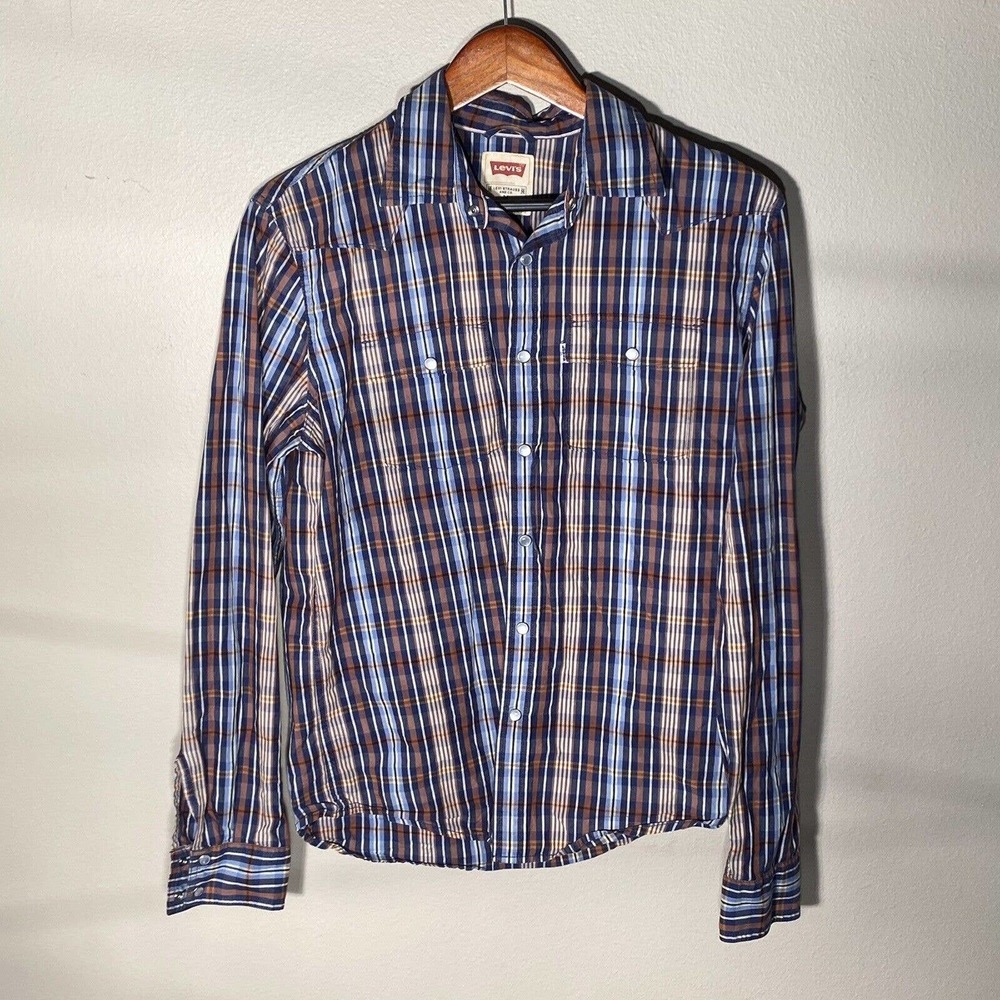 Levi's Mens M Long Sleeve Pearl Snap Blue White Orange Plaid Western Shirt
